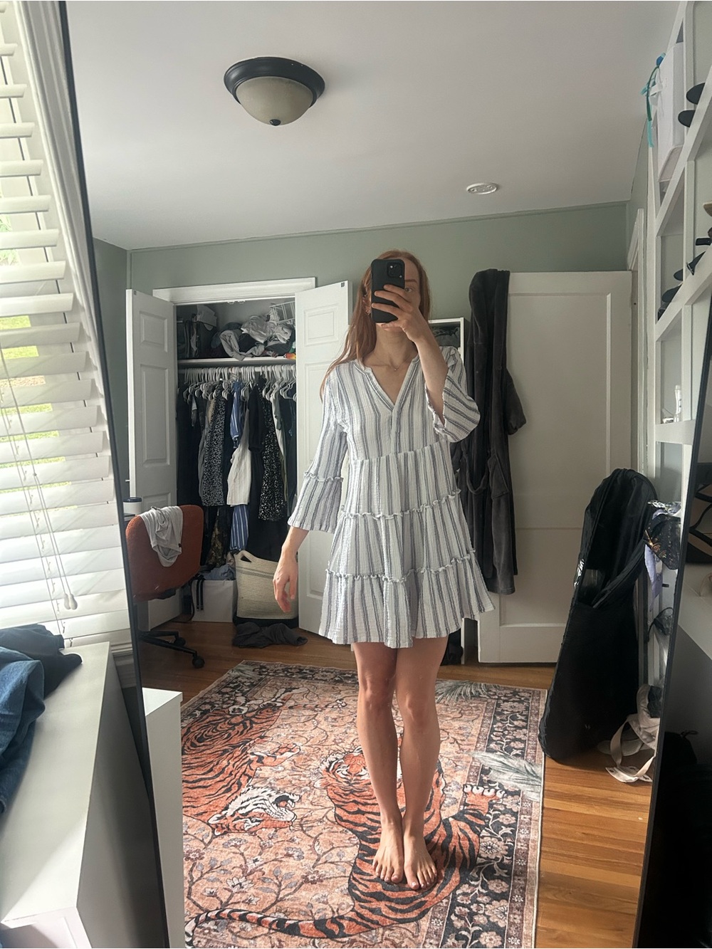Lands' End 100% cotton White and Light Blue Striped V-Neck Tiered Mini Dress